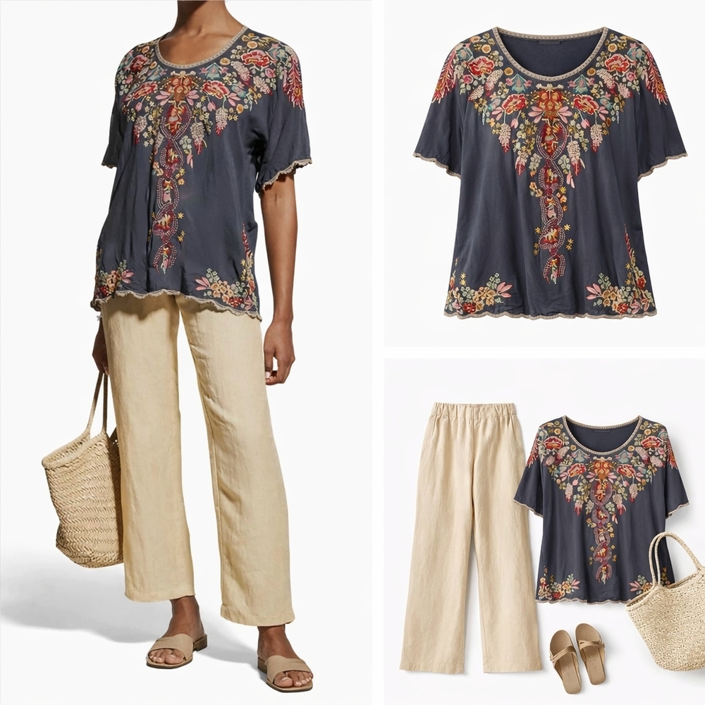 Johnny Was Bellefleur Floral Embroidered Cupra Rayon Blouse Boho Size XS